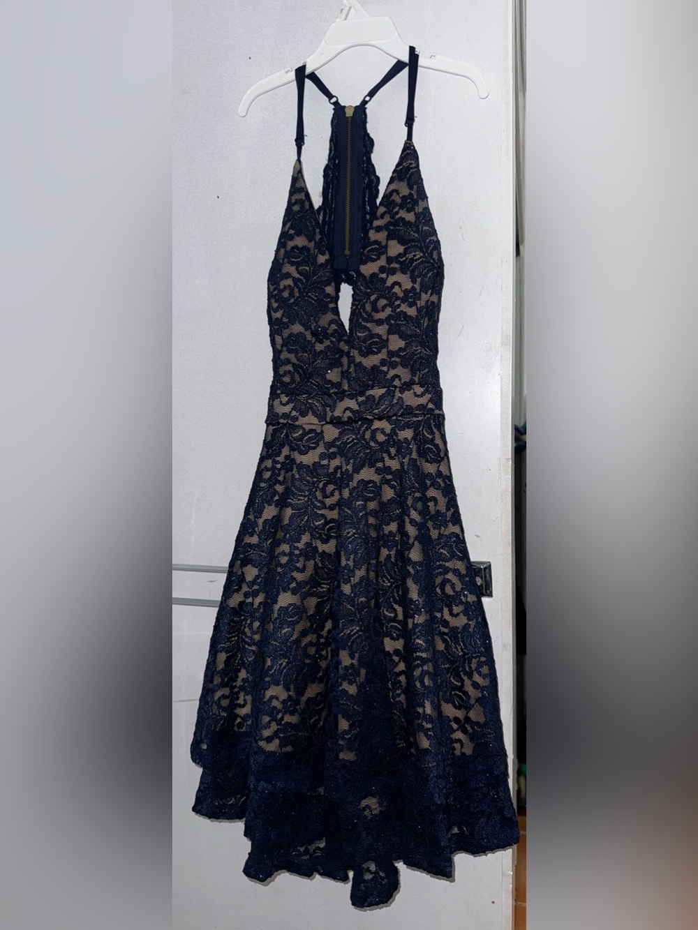 Navy Lace Fit-and-Flare Evening Dress